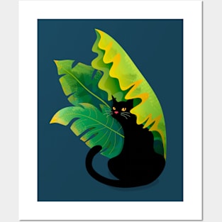 Black Cat Under a Banana Leaf Posters and Art